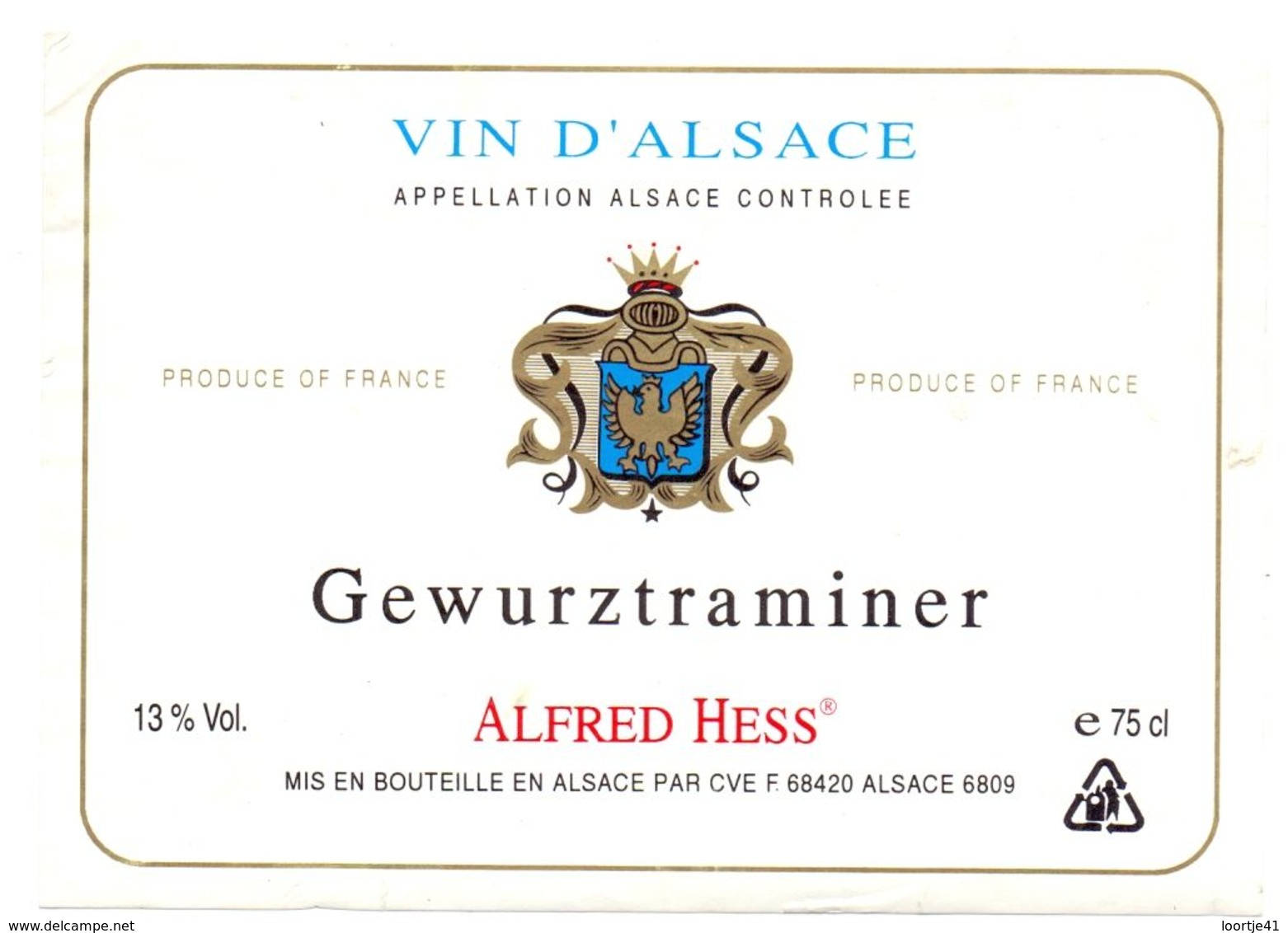 Etiket Etiquette - Vin - Wijn - D'Alsace - Gewurztraminer - Alfred Hess - Gewurztraminer