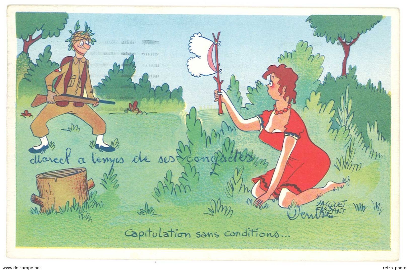 Cpa Signée Faizant , Capitulation Sans Conditions... ( Femme En Robe Rouge, Soldat, Drapeau Blanc, Culotte ) - Faizant