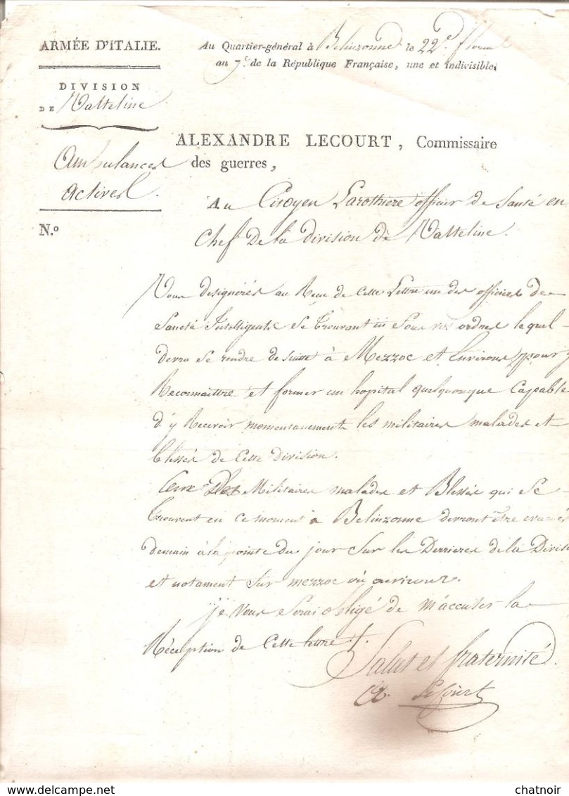 ARMEE D ITALIE   Ambulance    Belinzonne  A . LECOURT  An 7  1799   (la Tache Noire En Bas Provient De Mon Scan) - Dokumente