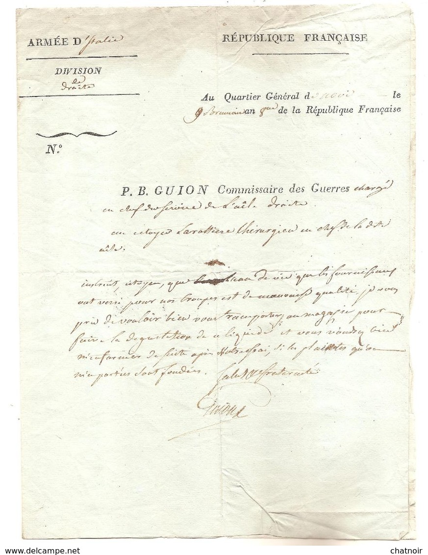 ARMEE D ITALIE   P.B.   GUION  Commissaire Des Guerres  An 8  1799 - Documents