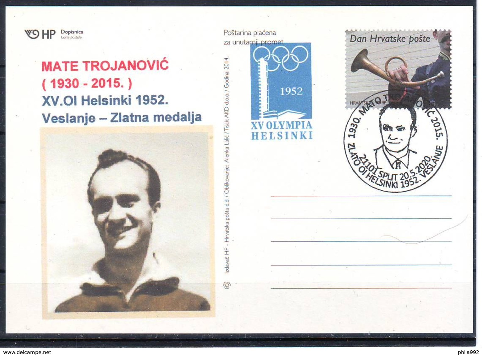 Croatia 2020 SPORT Rowing Olympic Helsinki 1952 Gold Medal Mate Trojanovic Postcard Overprint Postmark 21101 SPLIT 20.05 - Croacia