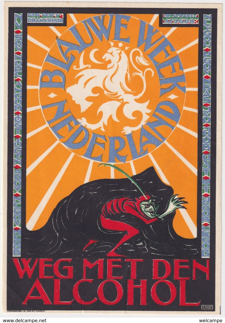 OLD DUTCH  LITHO - MINI-POSTER - 12,5 X 18 CM - ARTIST SIGNED - ANTI - ALCOHOL - THE DEVIL - WEG MET DEN ALCOHOL - Posters