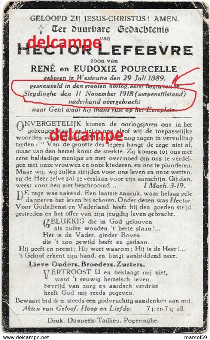 Oorlog Guerre Hector Lefebvre Westoutre Soldaat Gesneuveld Laatste Dag Van De Oorlog 11/11/1918 Sleidinge Wapenstilstand - Images Religieuses
