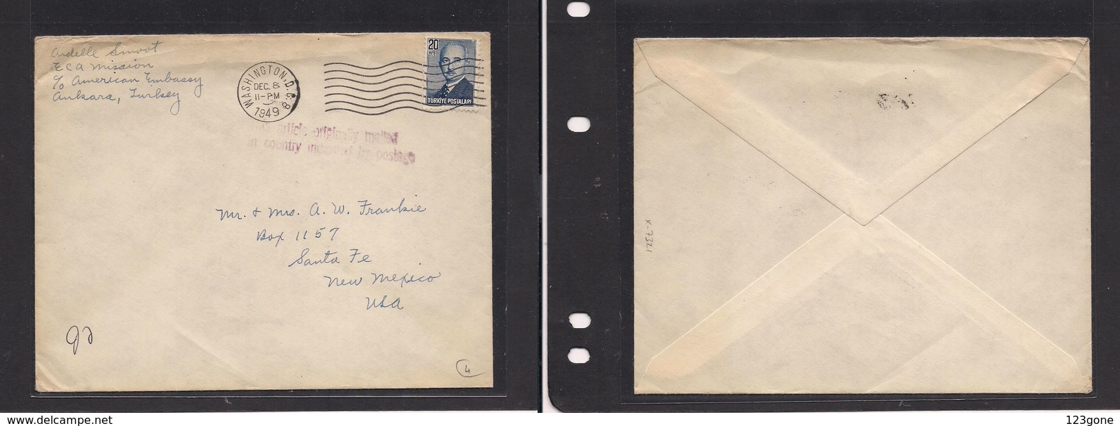 123gone. Turkey Cover 1949 Ankara To USA New Mexico Santa Fe Sngle Fkd Env Diplomatic Mail Pouch. Easy Deal. - Autres & Non Classés