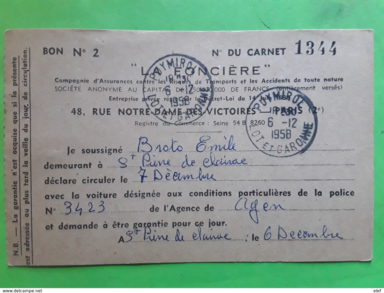 Yvert 1106,15 F LE QUESNOY Neuf Carte Postale Bon De Carnet Assurances LA FONCIERE,Cachet PUYMIROL,Lot Et Garonne 1958 - 1921-1960: Modern Period