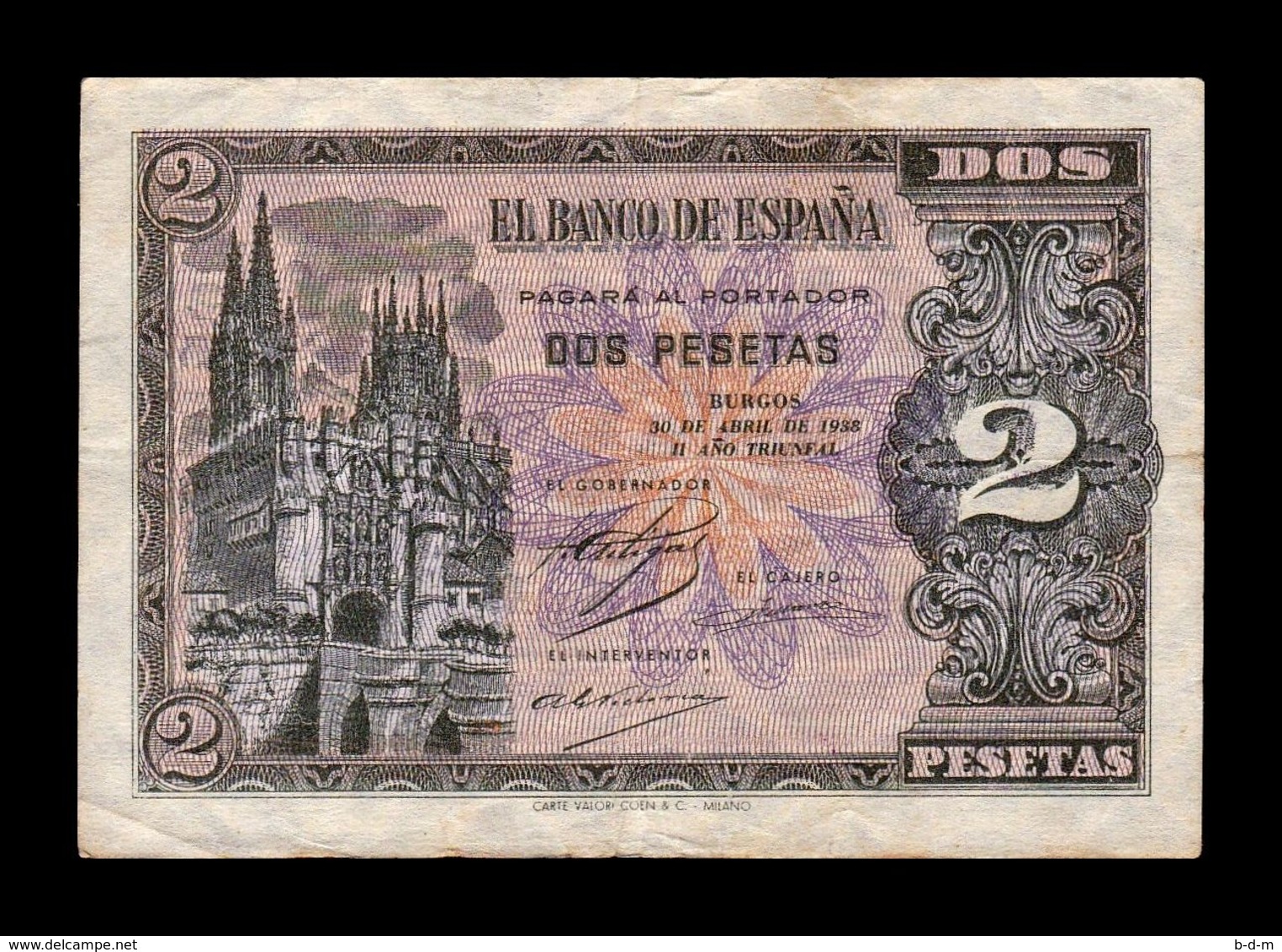 España Spain 2 Pesetas Cathedral Of Burgos 1938 Pick 109 Serie I MBC VF - 1-2 Pesetas