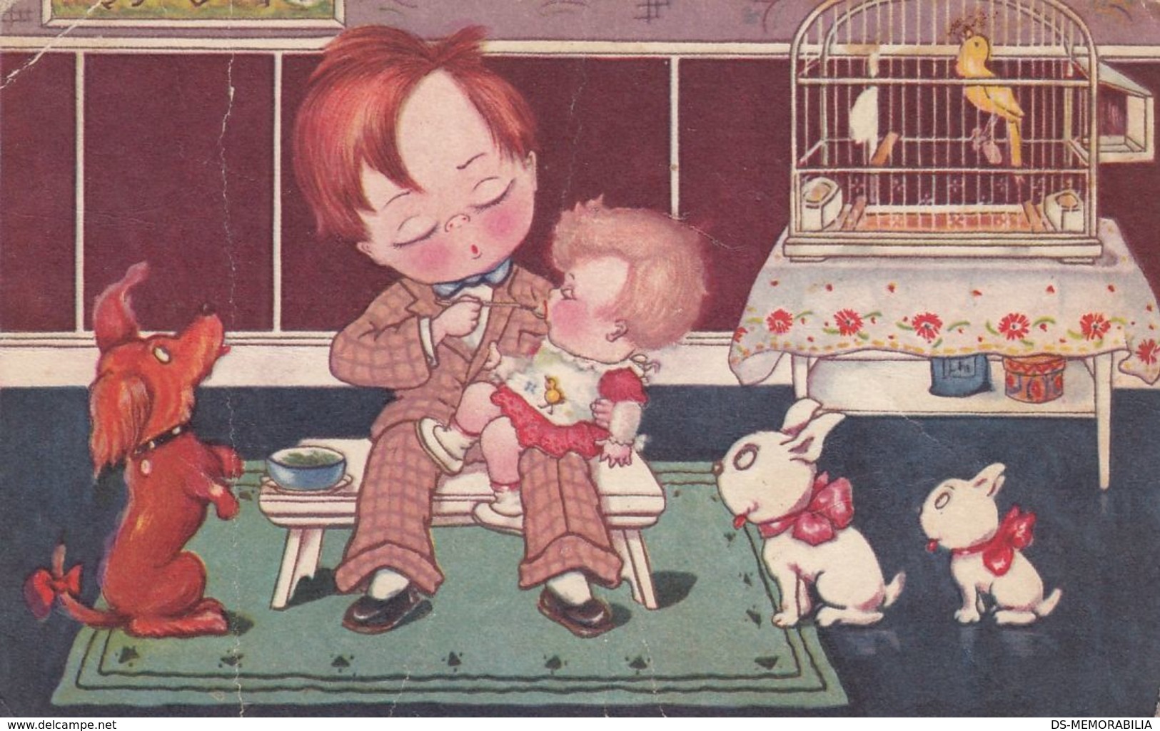 Margret Boriss ? Children Baby Feeding French Bulldog Birdcage Postcard Amag - Boriss, Margret