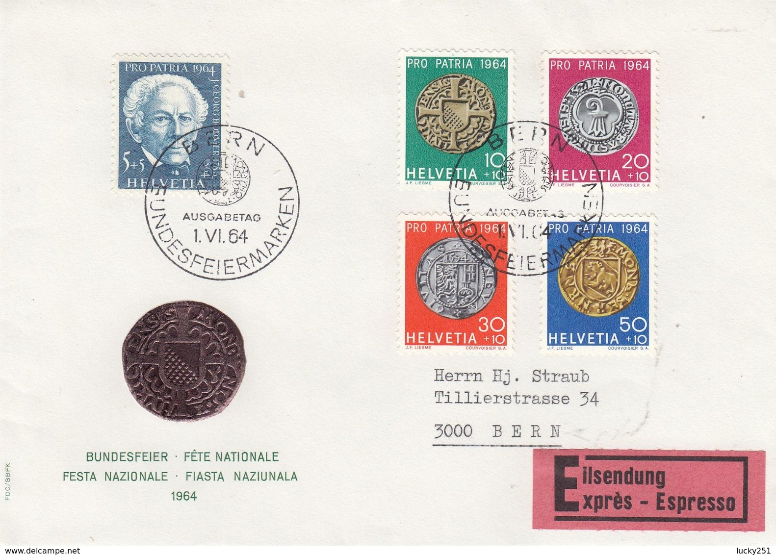 Suisse - 01/06/1964 (FDC) - Pro Patria - N°Zumstein 118/22 - Lettre En Exprès Pour Bern - Lettres & Documents