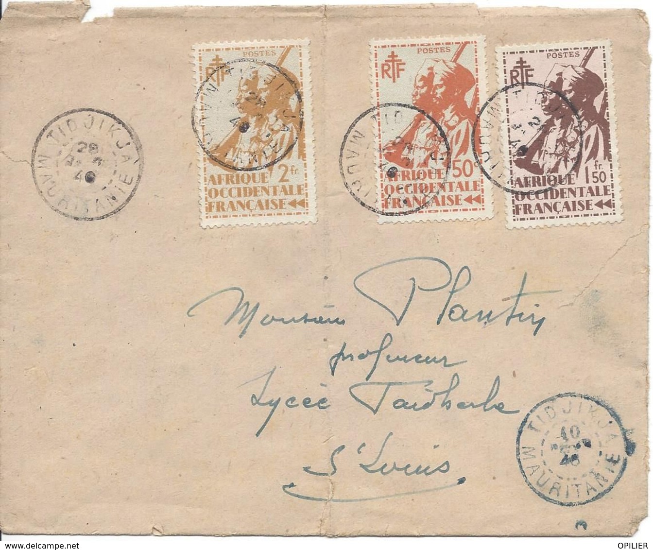 MAURITANIE TIDJIKJA 28/1/46 Noir  + 10 FEVR 1946 CACHET BLEU Pour Saint Louis Sénégal Cachet Arrivée Au Dos 19/2/46 - Brieven En Documenten