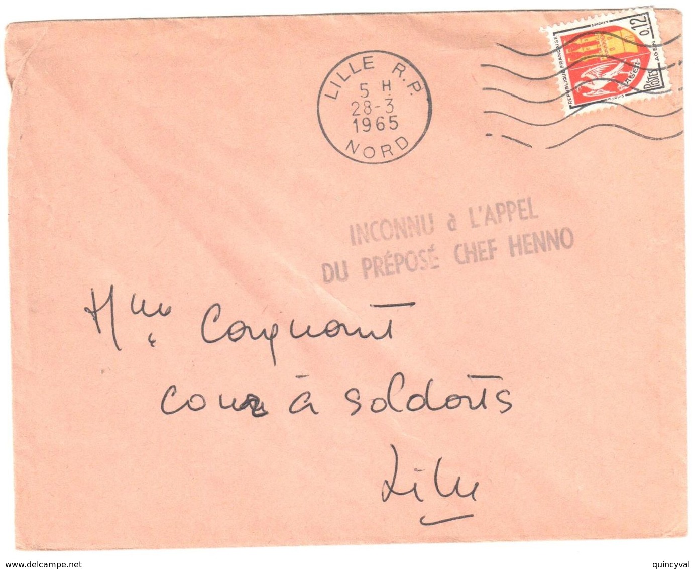 LILLE RP Nord Lettre 0,12 F Blason Agen Ob Meca 28 3 1965 Griffe INCONNU APPEL Préposé Chef HENNO - Storia Postale