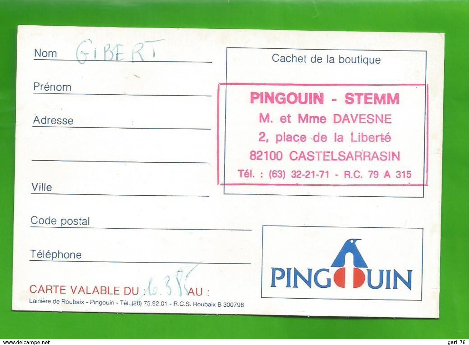 Carte De Fidélité Chaussettes Et Collants PINGOUIN (date De 1985) - Kleidung & Textil