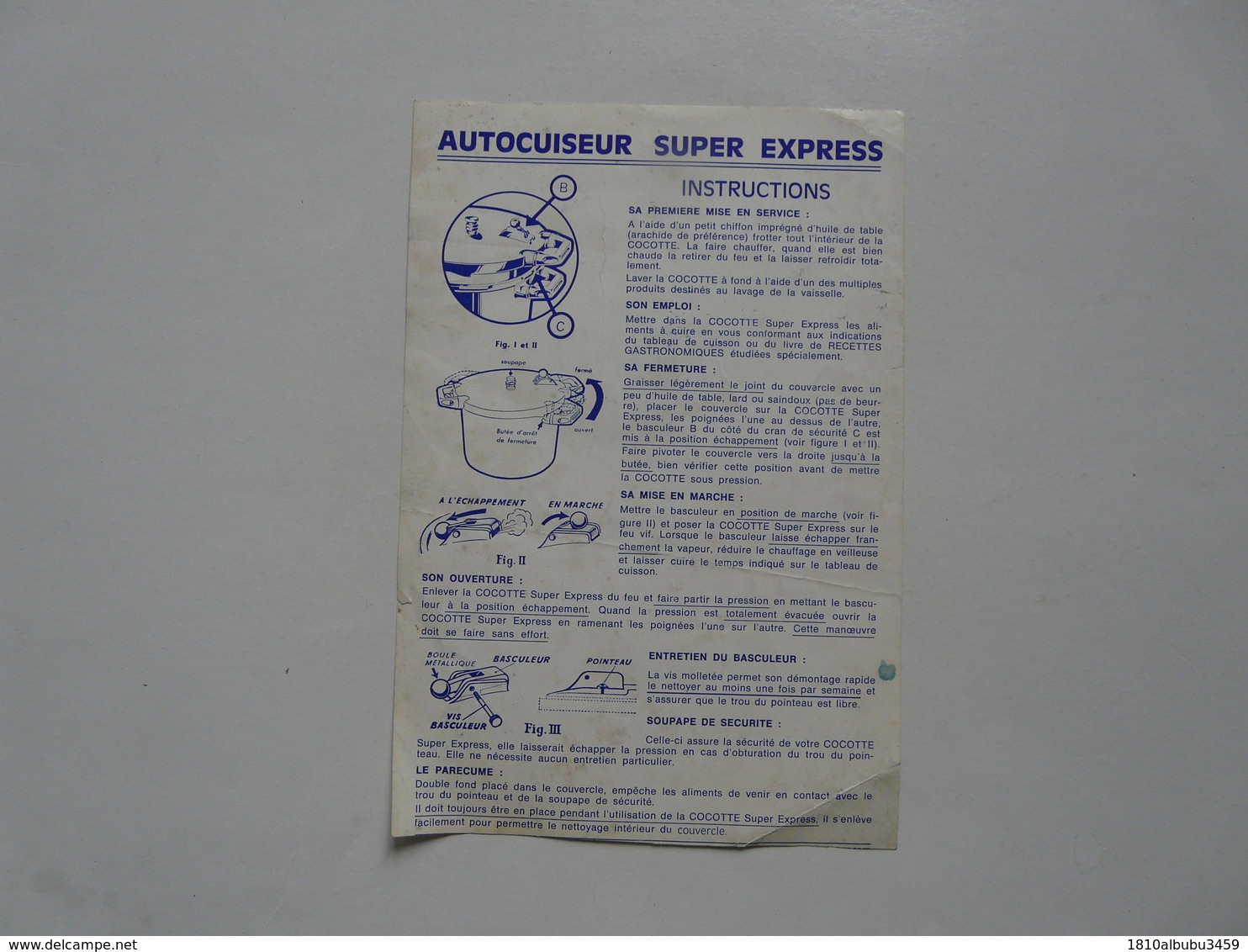 VIEUX PAPIERS - INSTRUCTIONS : AUTOCUISEUR SUPER EXPRESS 1961 - Material Und Zubehör