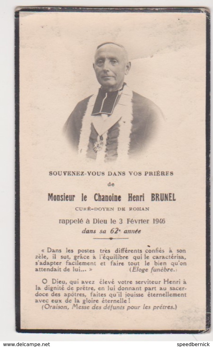 27602 ROHAN 56 FRANCE  Image Pieuse Avis Mortuaire Chanoine Henri Brunel-1946 - Devotion Images