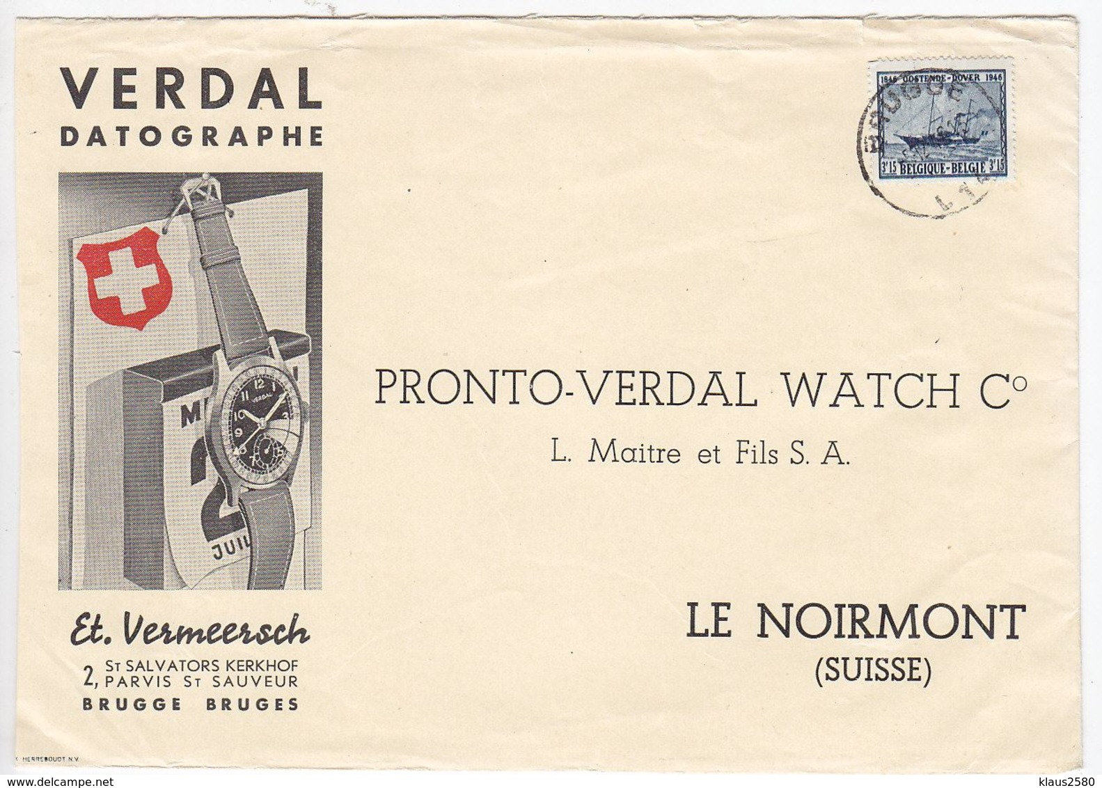 Belgien Werbebrief Der Fa. Et. Vermeersch Brügge "Verdal Watch"in Die Schweiz - Covers & Documents