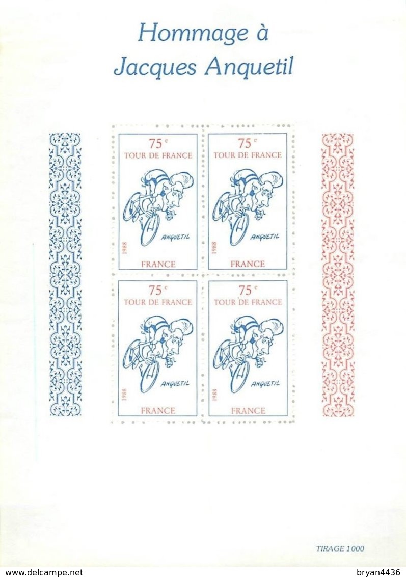ERINNOPHILIE - RARE Bloc De Quatre Vignettes 75° TOUR DE FRANCE - HOMMAGE à Jacques ANQUETIL - 1988. - Sports
