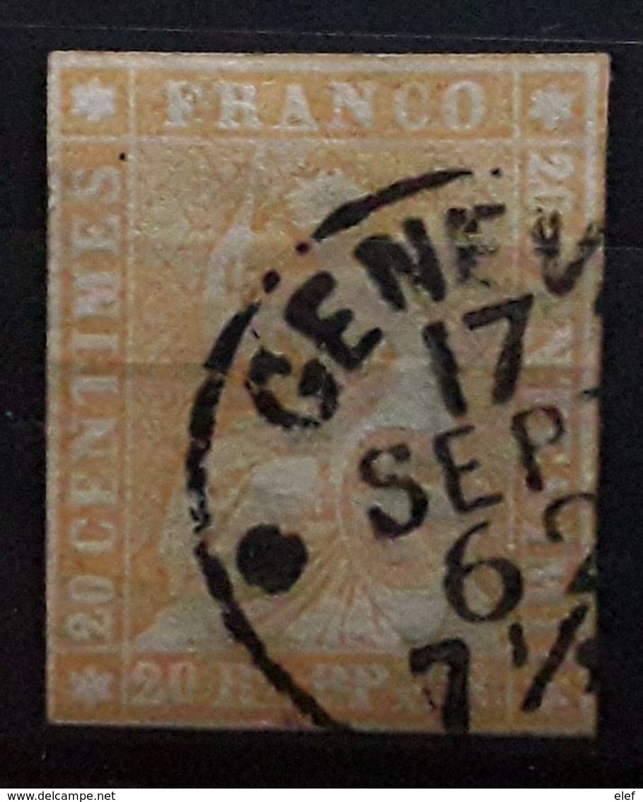 SUISSE, 1854 HELVETIA  Yvert No 29,  20 R Orange   , Obl  GENEVE , 17 Septembre 1962 ,BTB - Gebraucht