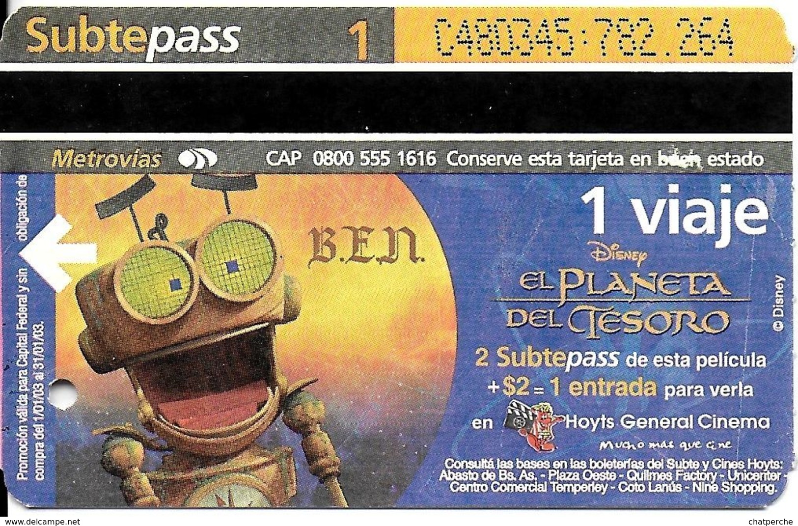 BILLET TICKET  TRANSPORT METRO BUENOS-AIRES ARGENTINE 3 BILLETS LA PLANÈTE AU TRÉSOR DESSIN ANIME WALT-DISNEY - World