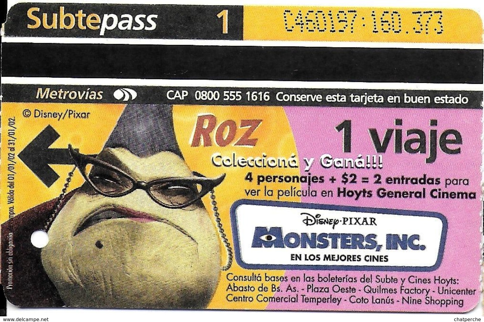 BILLET TICKET  TRANSPORT METRO BUENOS-AIRES ARGENTINE 6 BILLETS MONSTERS INC  DESSIN ANIME WALT-DISNEY - Wereld