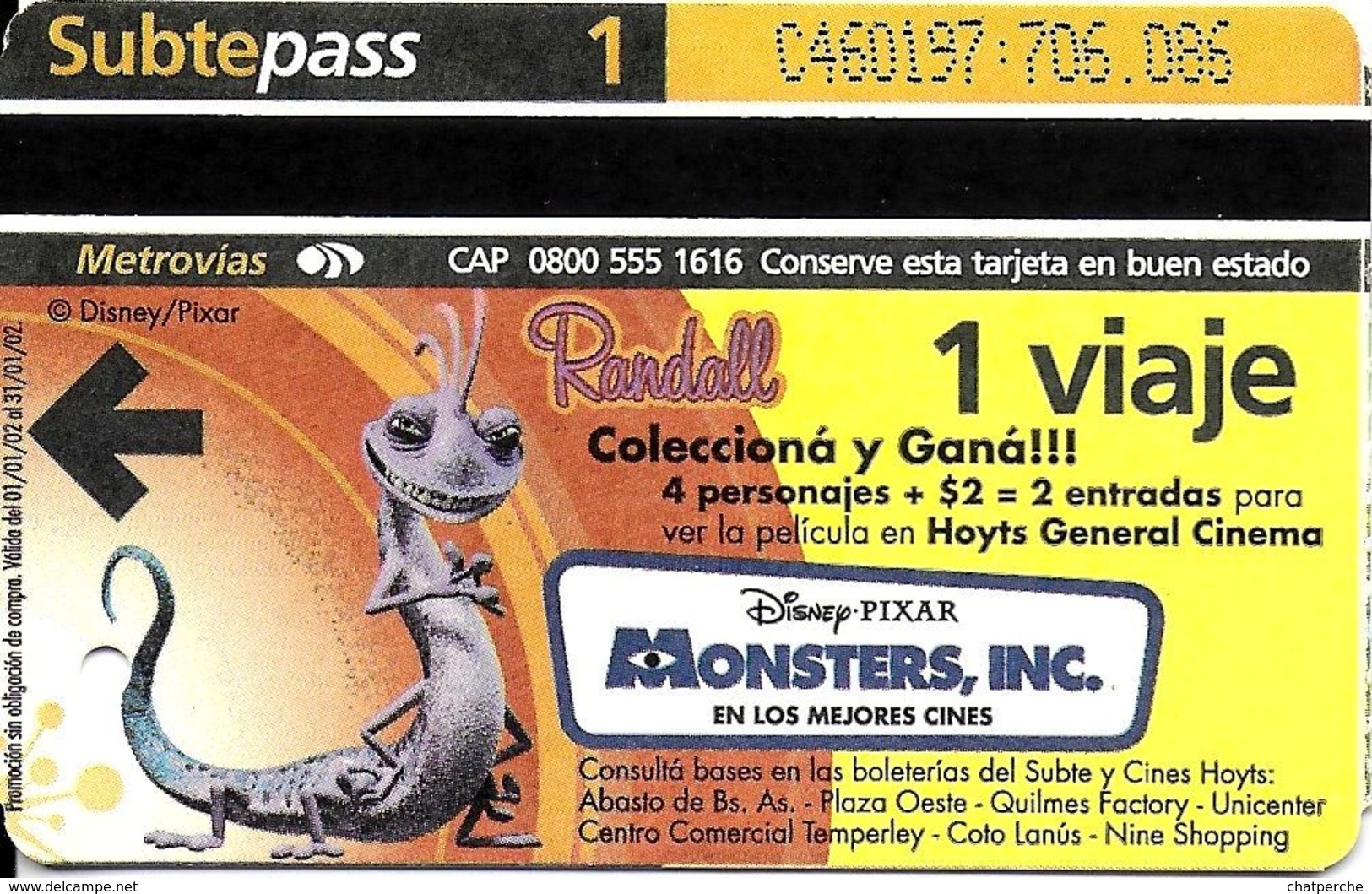 BILLET TICKET  TRANSPORT METRO BUENOS-AIRES ARGENTINE 6 BILLETS MONSTERS INC  DESSIN ANIME WALT-DISNEY - Monde