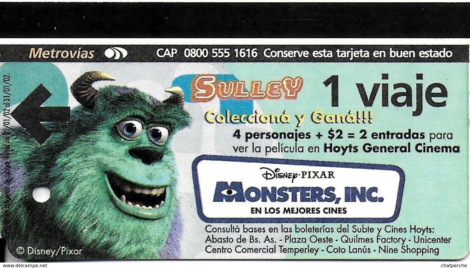 BILLET TICKET  TRANSPORT METRO BUENOS-AIRES ARGENTINE 6 BILLETS MONSTERS INC  DESSIN ANIME WALT-DISNEY - Monde