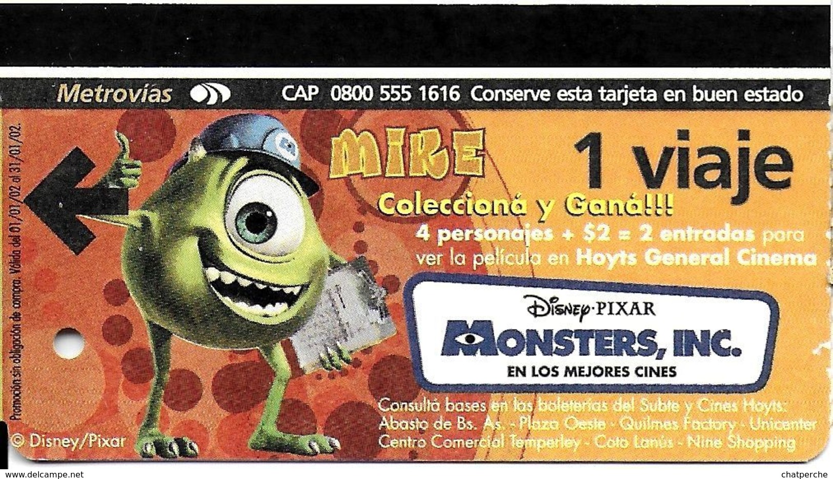 BILLET TICKET  TRANSPORT METRO BUENOS-AIRES ARGENTINE 6 BILLETS MONSTERS INC  DESSIN ANIME WALT-DISNEY