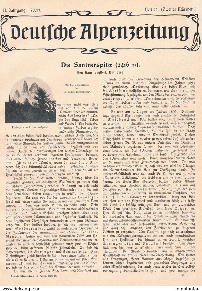 569 - Hans Seyffert Santnerspitze Seis Dolomiten Artikel Mit 4 Bildern 1902 !! - Altri & Non Classificati