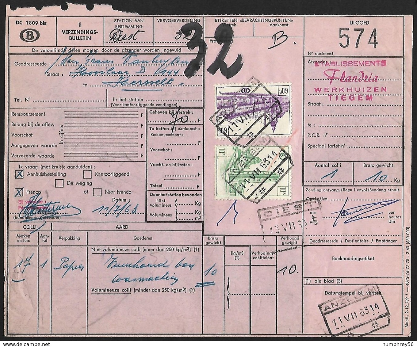 1954 - BELGIË/BELGIQUE/BELGIEN - Document - Michel 310+316 - Y&T 345+356 + ANZEGEM & DIEST - Documenten & Fragmenten