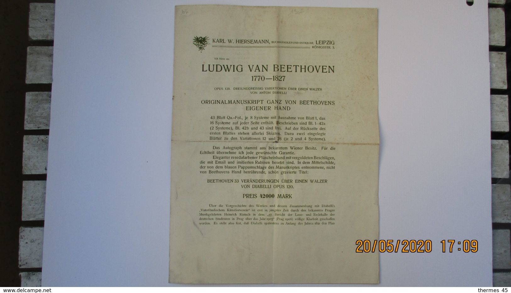 BEETHOVEN / MANUSCRITS AUTOGRAPHES / VENTE / 1907 - Documenti Storici