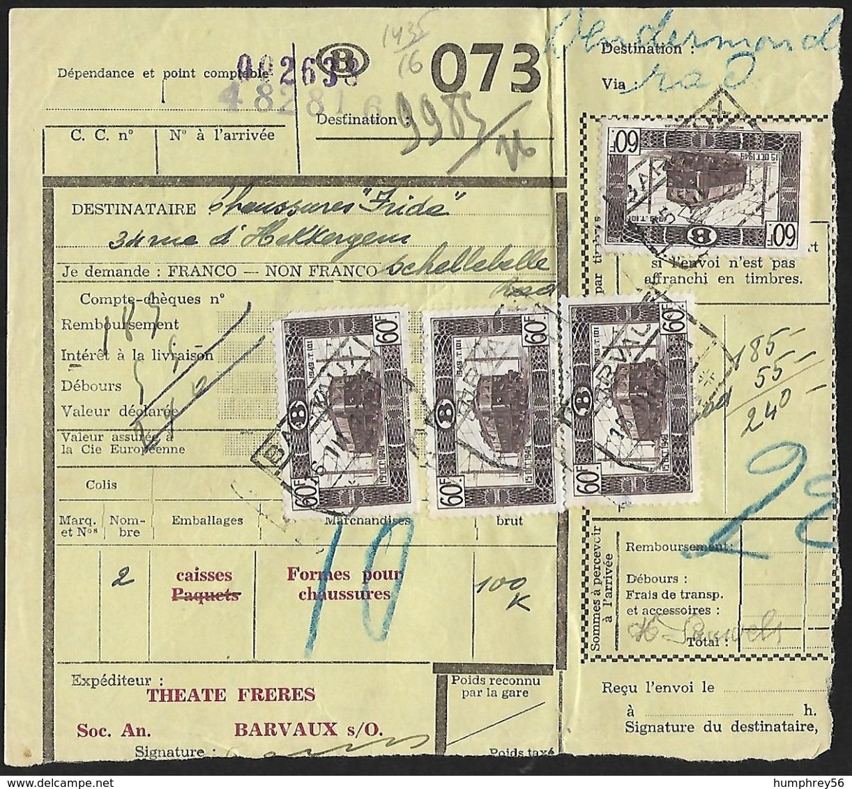 1949 - BELGIË/BELGIQUE/BELGIEN - Document - Michel 295 - Y&T 321A + BARVAUX & DENDERMONDE - Documenti & Frammenti