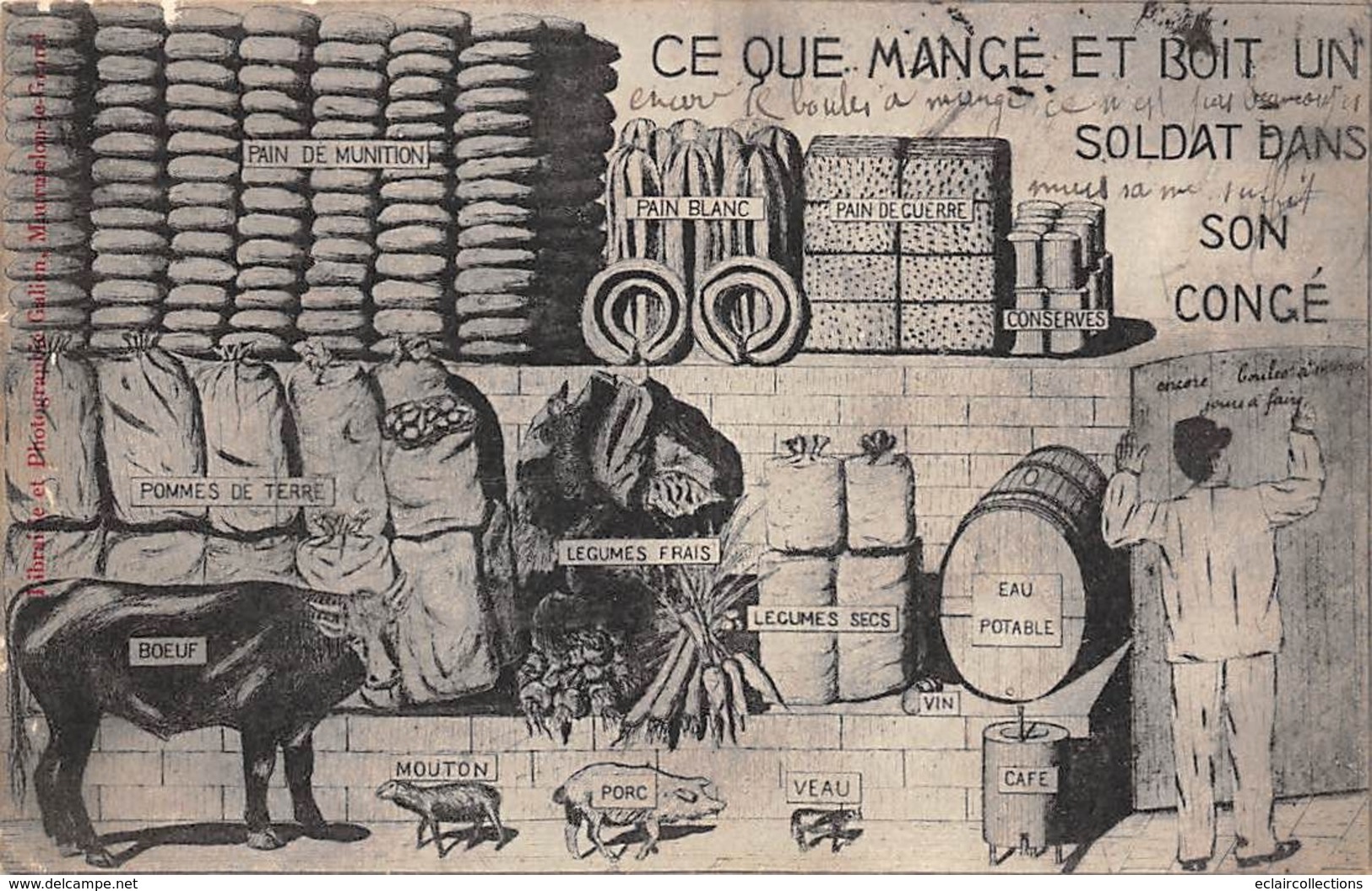 Illustrateur Politique Ou Satyrique    :  Ce Que Mange Et Boit Un Soldat... Mourmelon 51     (voir Scan) - 1900-1949