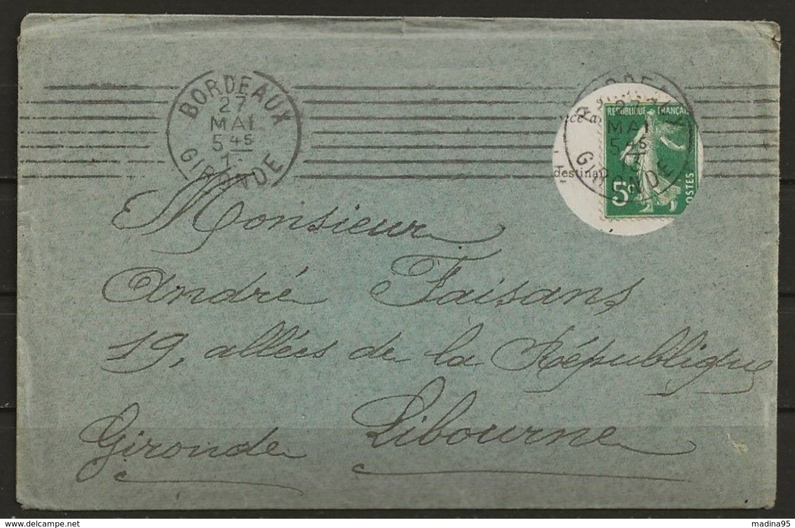 1913. L. N° YT 137 Sur Lettre Avec Orifice Pr Timbre, Obl. BORDEAUX (gironde) 27-mai-13, Pour LIBOURNE (gironde), TB - Oblitérations Mécaniques (Autres)