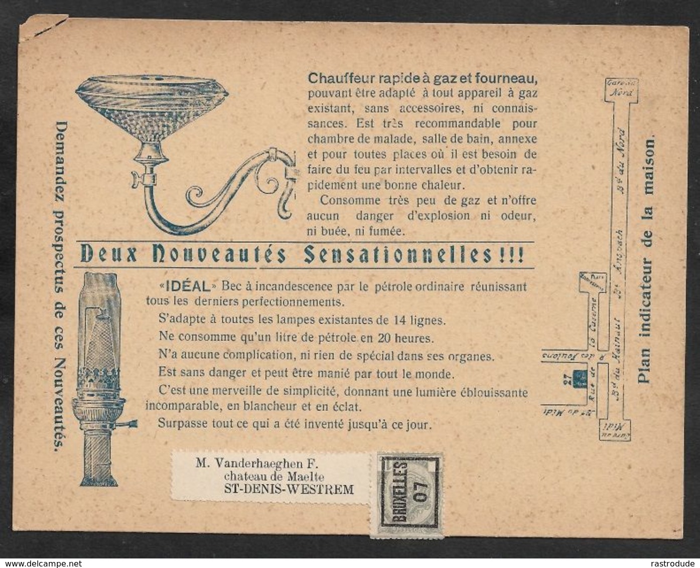 1907 BELGIQUE - PRÉOBLITÉRÉ 1C  - IMPRIMÉ ILLUSTRÉ PUBLICITÉ - CHAUFFAGE - COFFRES-FORTS - Rollenmarken 1900-09