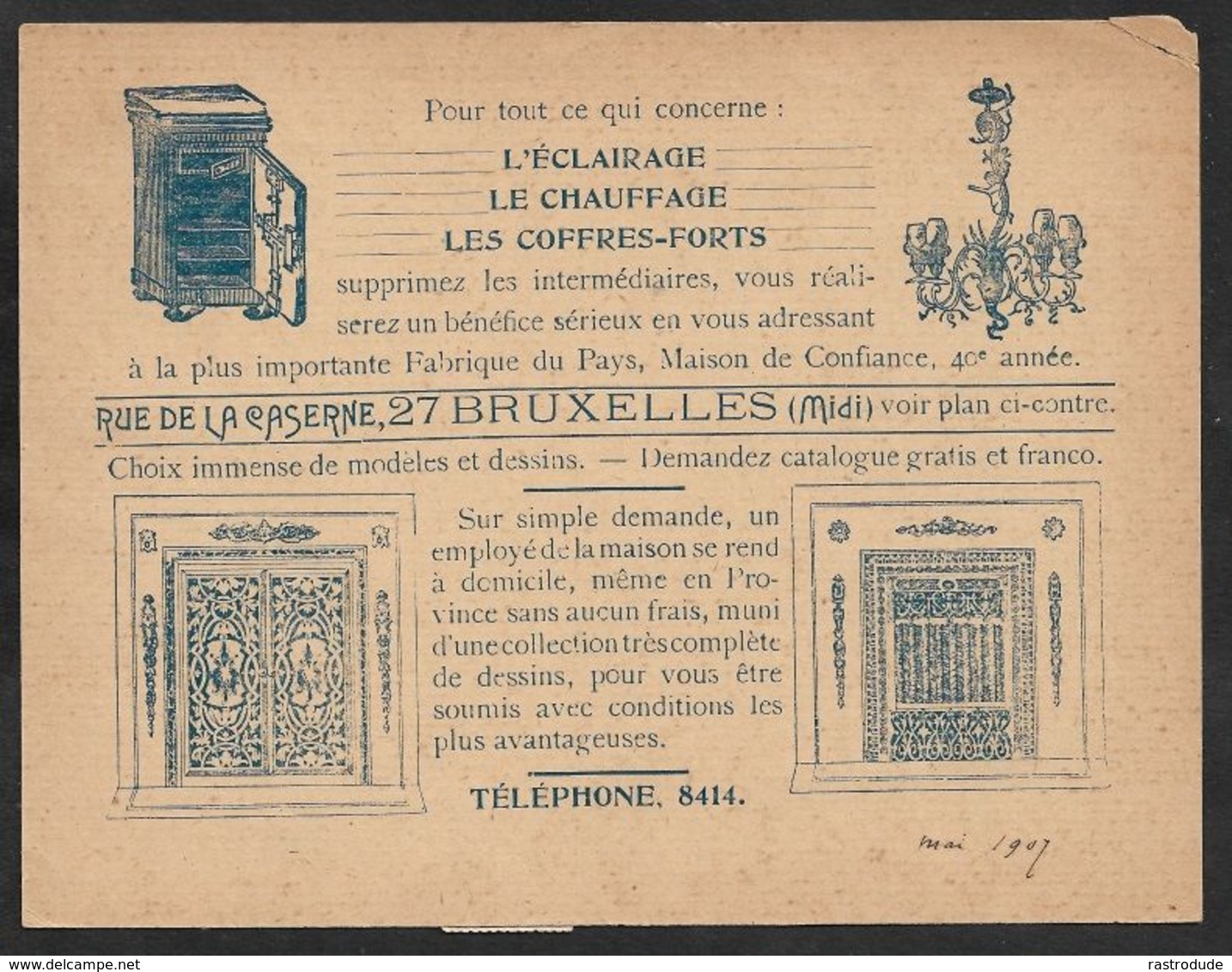 1907 BELGIQUE - PRÉOBLITÉRÉ 1C  - IMPRIMÉ ILLUSTRÉ PUBLICITÉ - CHAUFFAGE - COFFRES-FORTS - Roulettes 1900-09