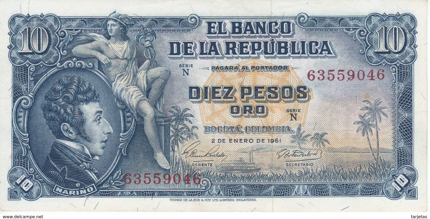 BILLETE DE COLOMBIA DE 10 PESOS DE ORO DEL AÑO 1961 EN CALIDAD EBC (XF) (BANK NOTE) - Colombia