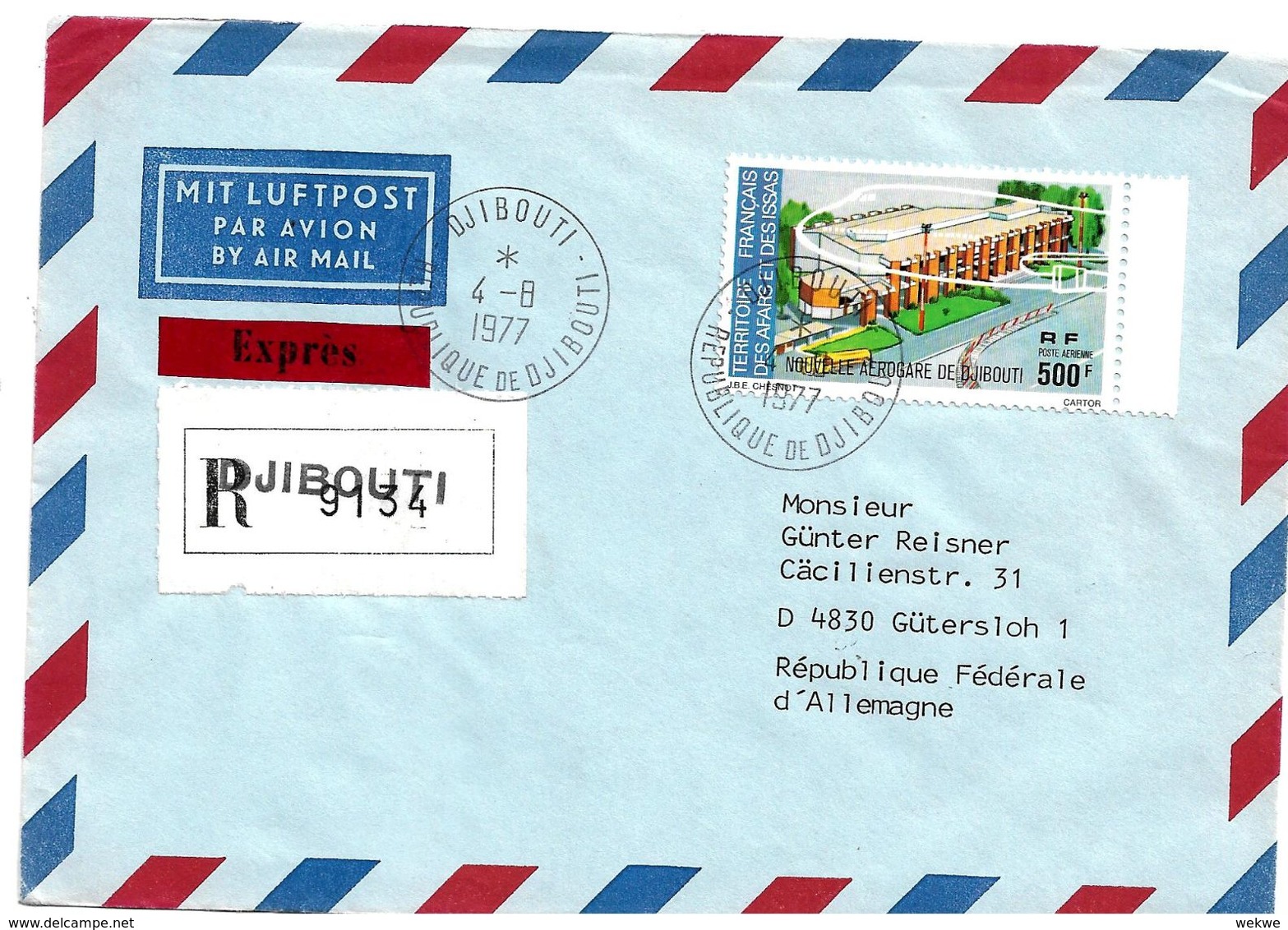 FAF147 / DJBOUTI - 1977, Express Einschreiben  Nach Gütersloh/Deutschland (Motiv: Flughafen) - Storia Postale