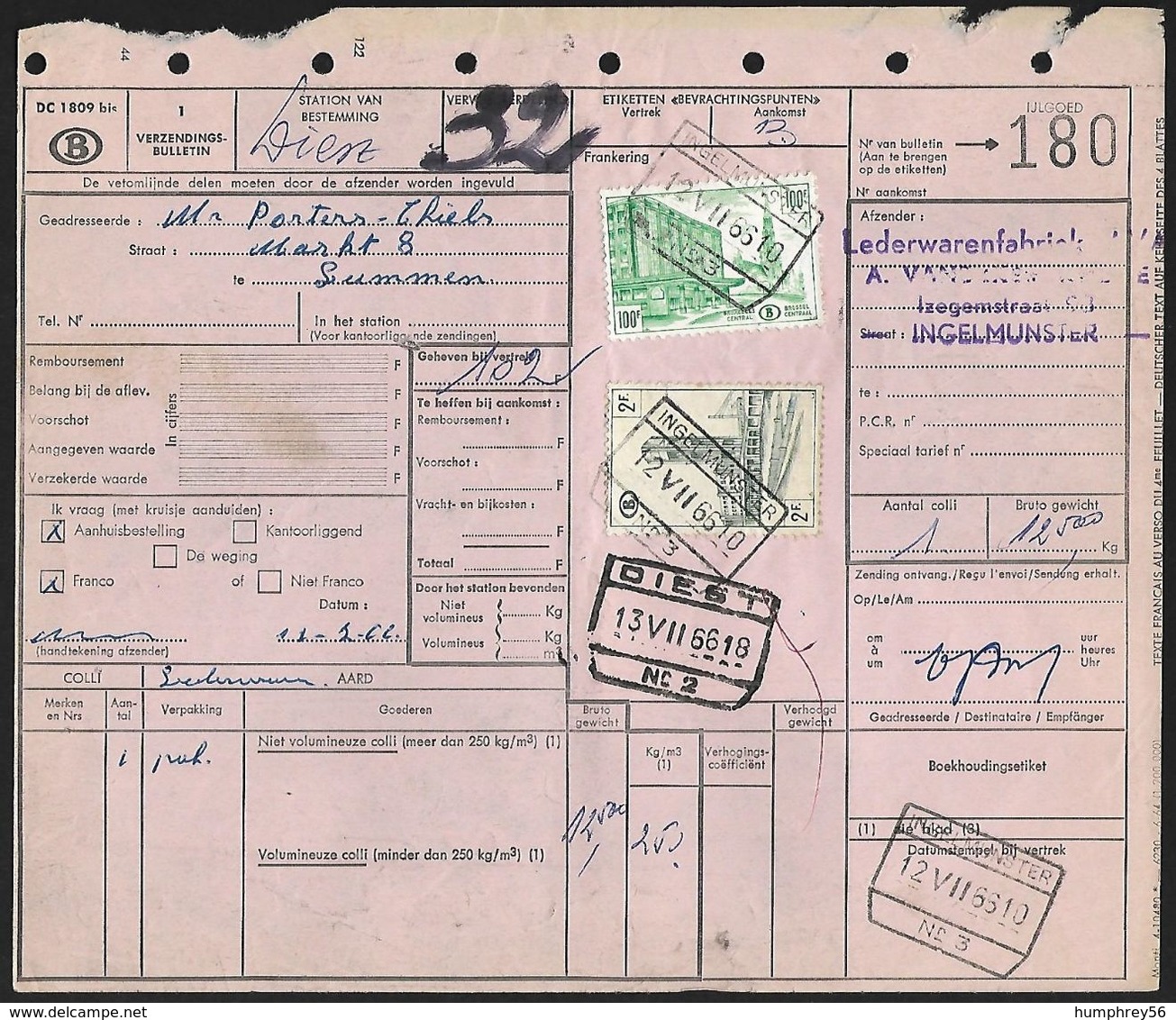 1954 - BELGIË/BELGIQUE/BELGIEN - Document - Michel 301+318 [EPM] - Y&T 337+350 [CP] + INGELMUNSTER & DIEST - Documents & Fragments