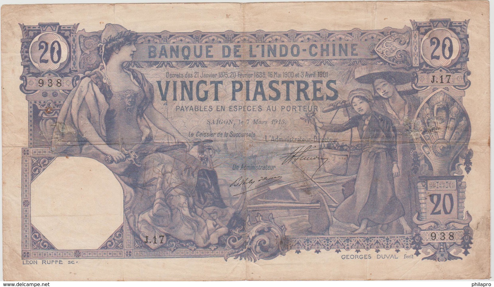 INDOCHINE  PICK N°38 B   N° 938 / J17   Sign.5 - 20 PIASTRES  BANKNOTE - Indochina