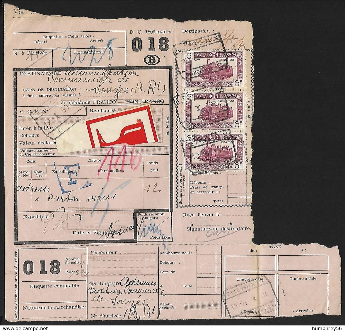 1949 - BELGIË/BELGIQUE/BELGIEN - Document - Michel 284A [EPM] - Y&T 310 [CP] + GEMBLOUX, THY LE CHÂTEAU & CHARLEROI - Documents & Fragments