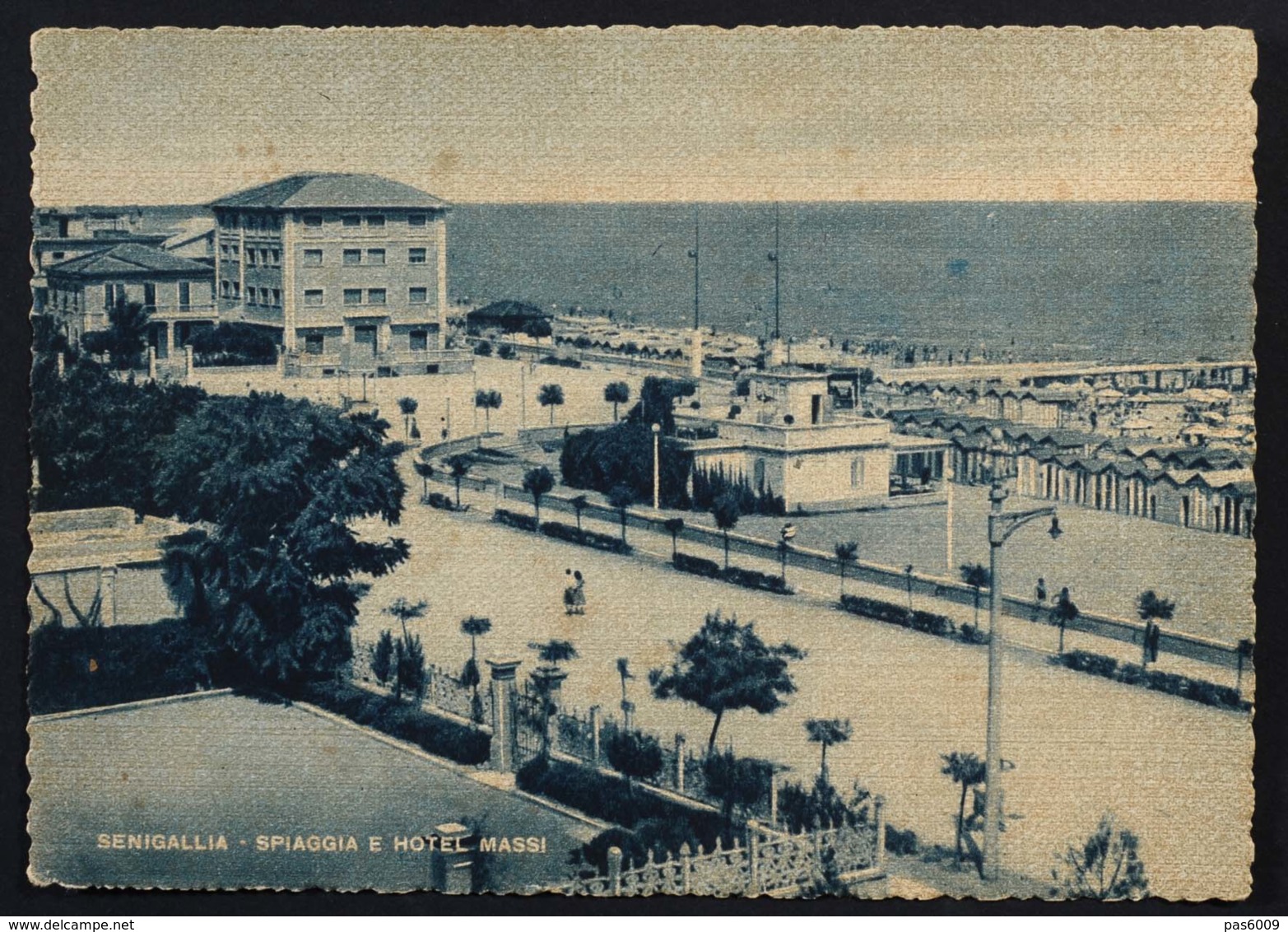 DC351  - SENIGALLIA SPIAGGIA E HOTEL MASSI -ANNI '40 -CARTOLINA ILLUSTRATA - USATA - Senigallia