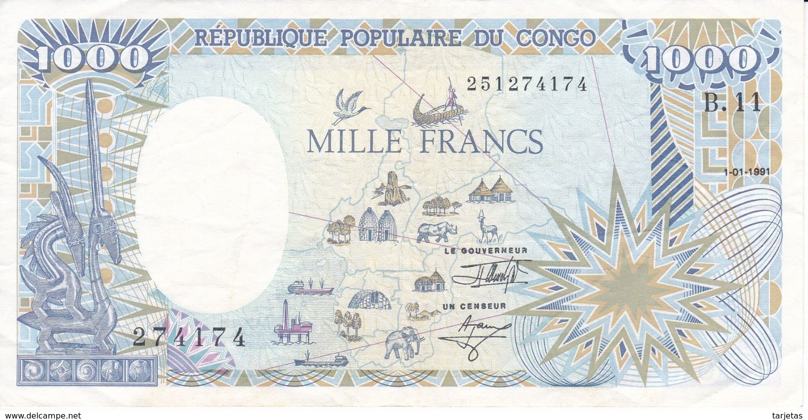 BILLETE DE EL CONGO DE 1000 FRANCS DEL AÑO 1991 (ELEFANTE-ELEPHANT) (BANKNOTE) - Republic Of Congo (Congo-Brazzaville)