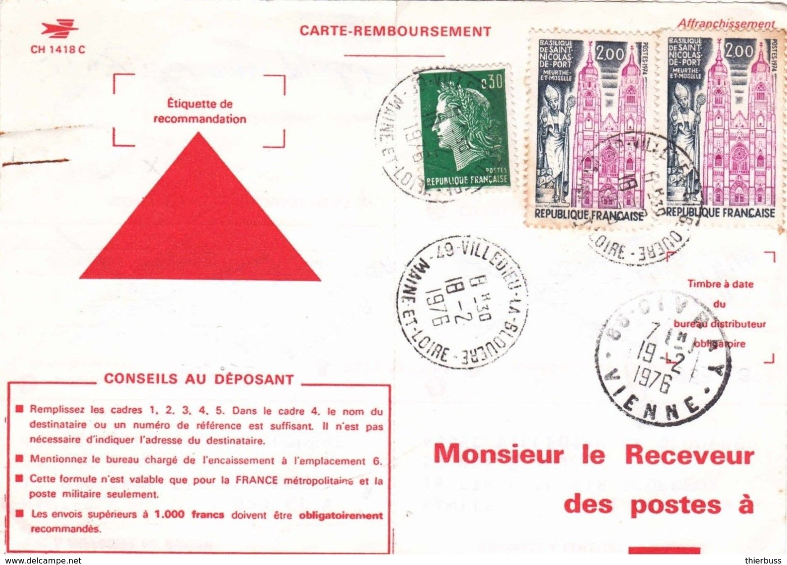 Carte Remboursement CH1418C Villedieu Maine Loire Cheffer Ussel 1976 Civray Vienne Retour Envoyeur 1035 - 1967-1970 Marianne Of Cheffer