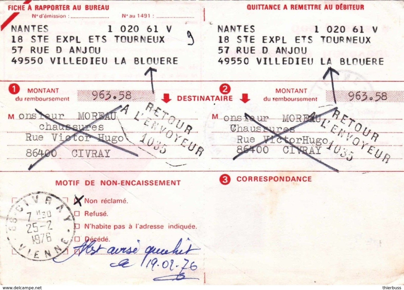 Carte Remboursement CH1418C Villedieu Maine Loire Cheffer Ussel 1976 Civray Vienne Retour Envoyeur 1035 - 1967-1970 Maríanne De Cheffer