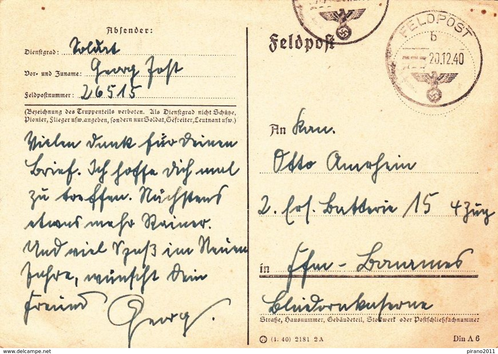 Feldpostkarte Vom 20.12.1940 - 1939-45