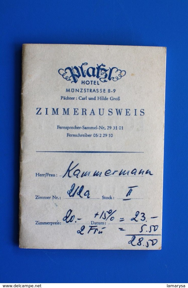 PLATZ HOTEL ZIMMERAUSWEIS-MUNICH -PLAN DE MUNCHEN-PETIT CARNET PUBLICITAIRE KAMMERMAN Facture Document Commercial 1957 - 1950 - ...