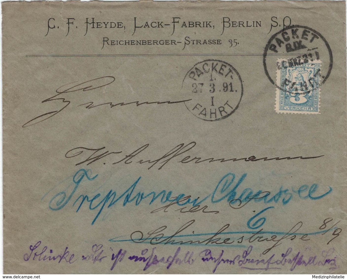 C. F. Heyde - Lack-Fabrik Berlin - Packet-Fahrt 1891 - Privatpost - Pharmazie