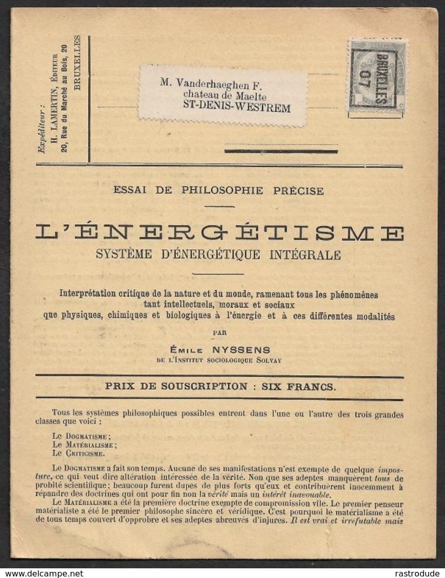 1907 BELGIQUE - PRÉOBLITÉRÉ 1C  - IMPRIMÉ ILLUSTRÉ PUBLICITÉ - PHILOSOPHIE - ÉNERGÉTISME A ST DENIS WESTREM - Roller Precancels 1900-09