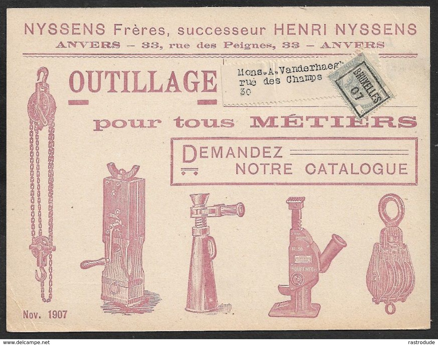 1907 BELGIQUE - PRÉOBLITÉRÉ 1C   - IMPRIMÉ ILLUSTRÉ PUBLICITÉ - OUTILLAGE A ANVERS - Rollenmarken 1900-09