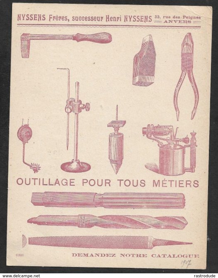 1907 BELGIQUE - PRÉOBLITÉRÉ 1C   - IMPRIMÉ ILLUSTRÉ PUBLICITÉ - OUTILLAGE A ANVERS - Roulettes 1900-09