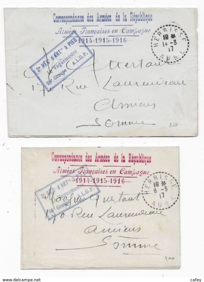 2 Cartes Lettres  FM Guerre 14/18 Département De L'AUBE HERBISSE Cachet De Franchise Militaire - WW I