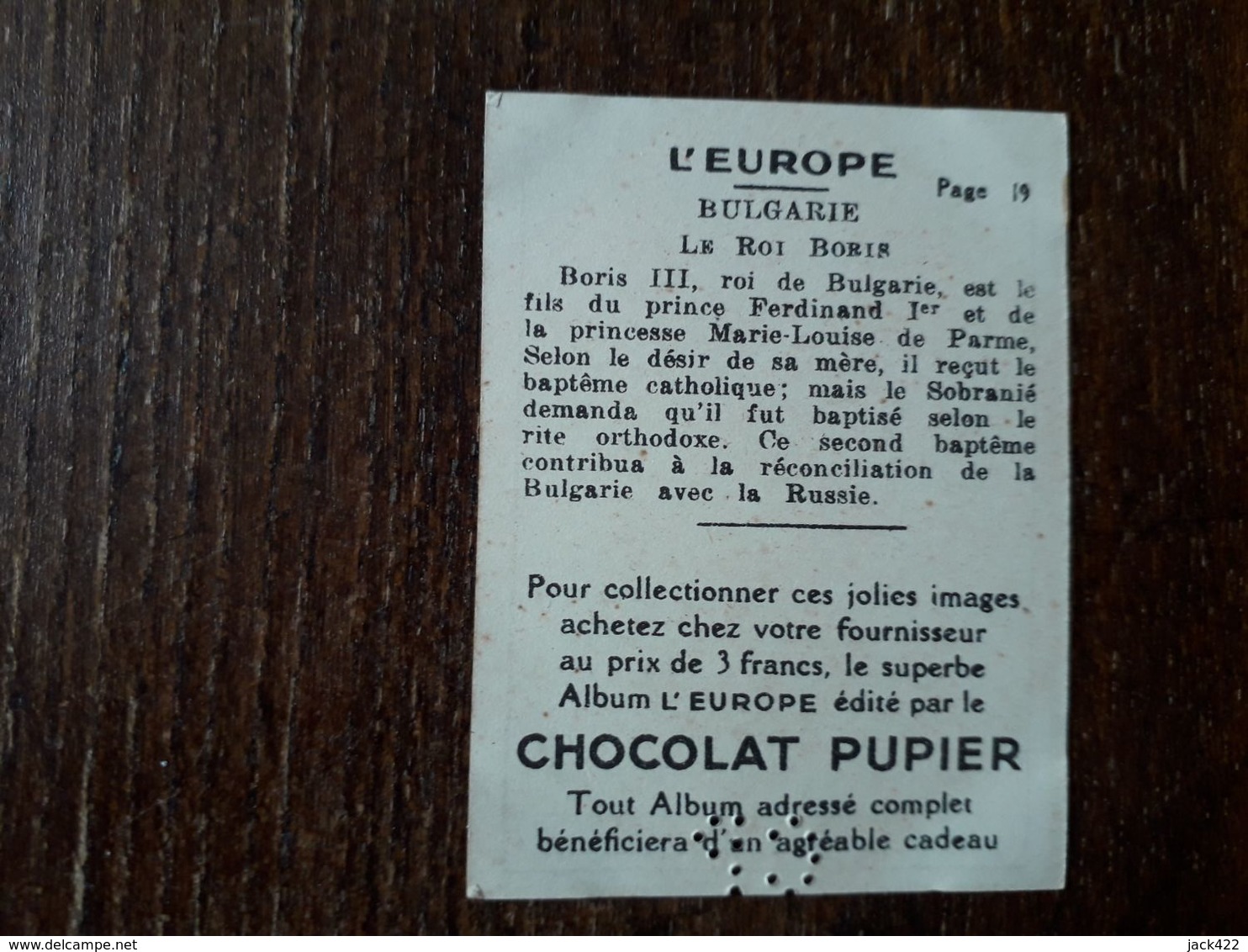 L20/217 Chromo Image Chocolat Pupier. Bulgarie. Le Roi Boris - Sonstige & Ohne Zuordnung